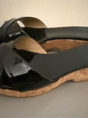 Jimmy Choo Black Patent Leather Cork Wedge Mules